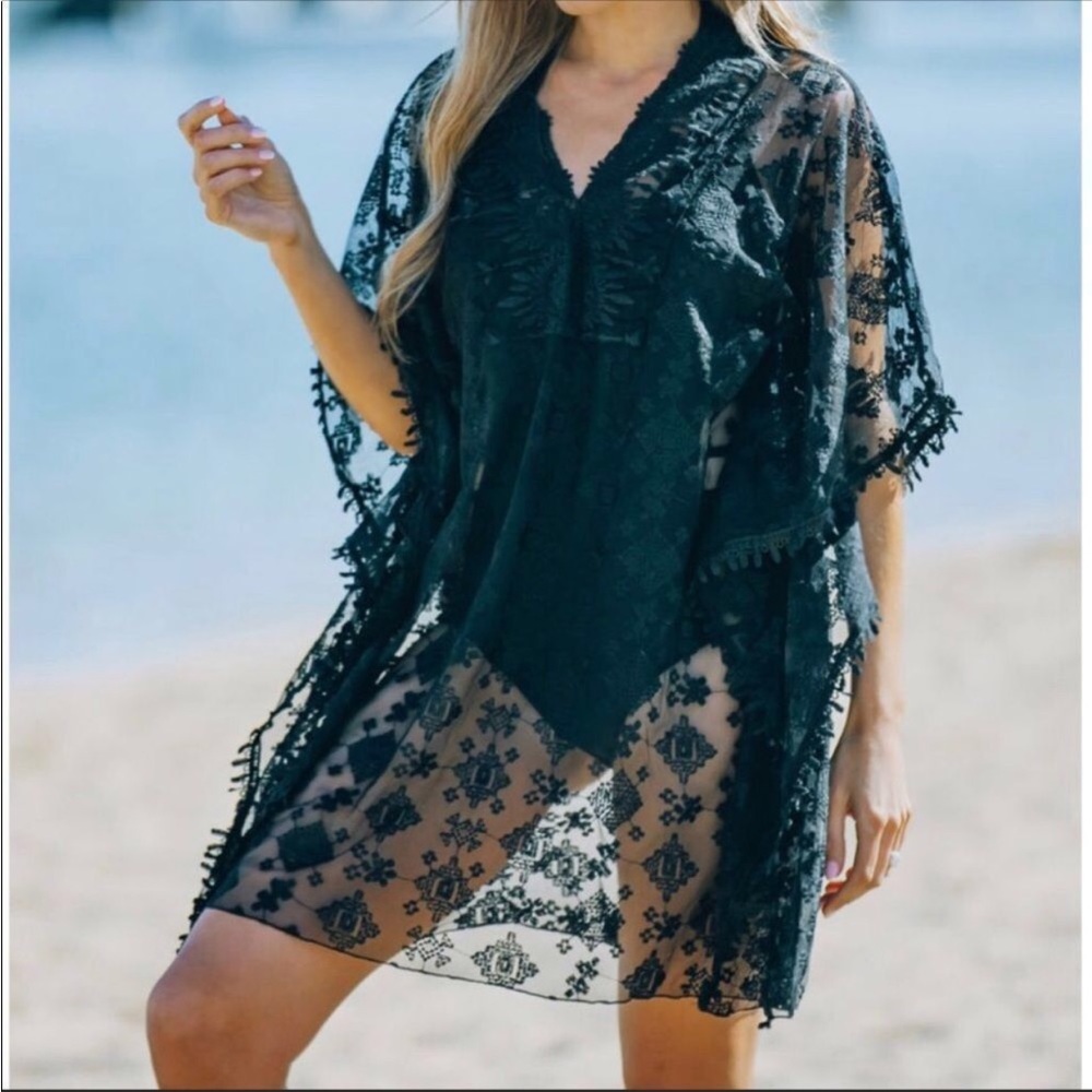 V Neck Embroidered Lace Coverup